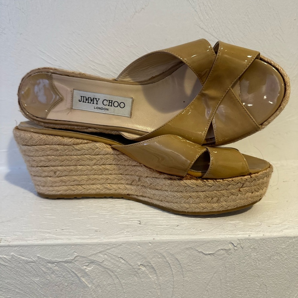 Jimmy Choo Tan Wedge Sandals with Open Toe and Cross Straps